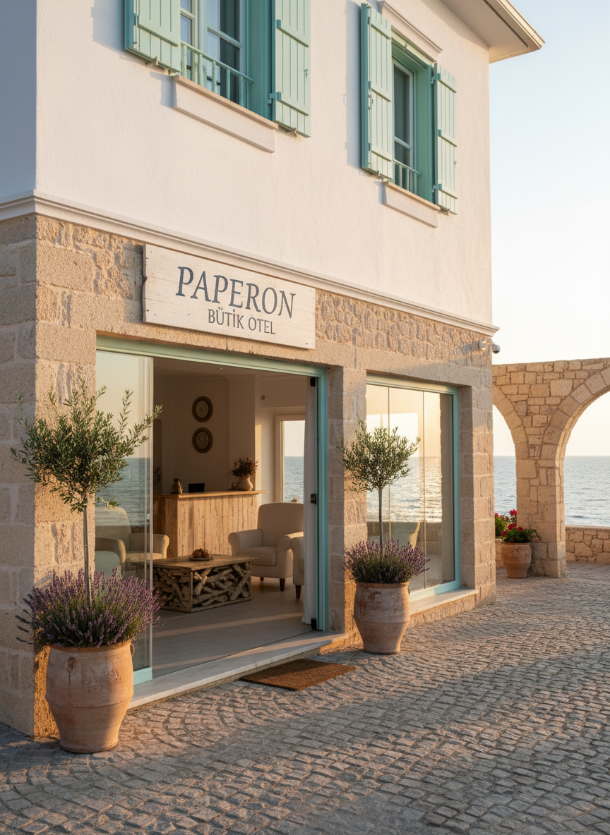 A charming seaside boutique hotel facade named “Paperon Butik Otel,” featuring a low-rise, whitewashed building with soft sand-colored stone accents and pale turquoise wooden shutters. Wide glass doors reveal a warm, inviting lobby interior. The entrance is framed by terracotta pots overflowing with lavender and olive trees, with glimpses of the calm blue sea just beyond. Captured in soft golden hour sunlight, gentle reflections dance on the windows and subtle shadows stretch across the cobblestone path. Photographic realism, eye-level composition with a slight angle to emphasize depth, crisp focus throughout, and a calm, welcoming mood that highlights coastal comfort and understated elegance, with no people present anywhere in the scene.