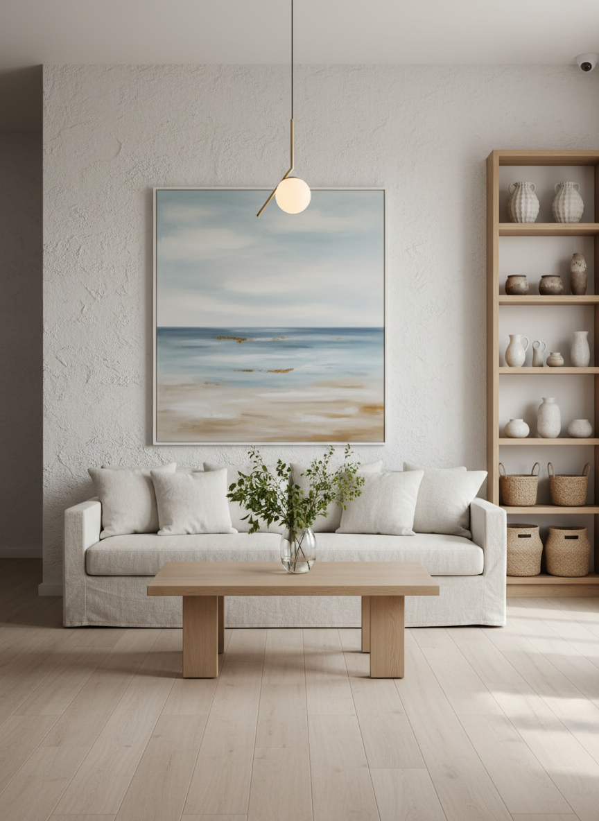 A tranquil lobby lounge area of a coastal boutique hotel, designed with a blend of modern and Mediterranean elements. A low, cream-colored linen sofa with plush cushions faces a simple light-wood coffee table holding a single vase with fresh green foliage. Behind, a textured white plaster wall is accented by a large, abstract artwork in soft blues and sandy beiges. To the side, open shelves display carefully arranged ceramics and woven baskets. Soft, diffused daylight enters through unseen windows, complemented by a warm glow from a minimalist pendant light overhead. Photographic realism, eye-level composition with balanced symmetry, a calm and welcoming mood, natural materials, and a clear, uncluttered space with no human figures anywhere.