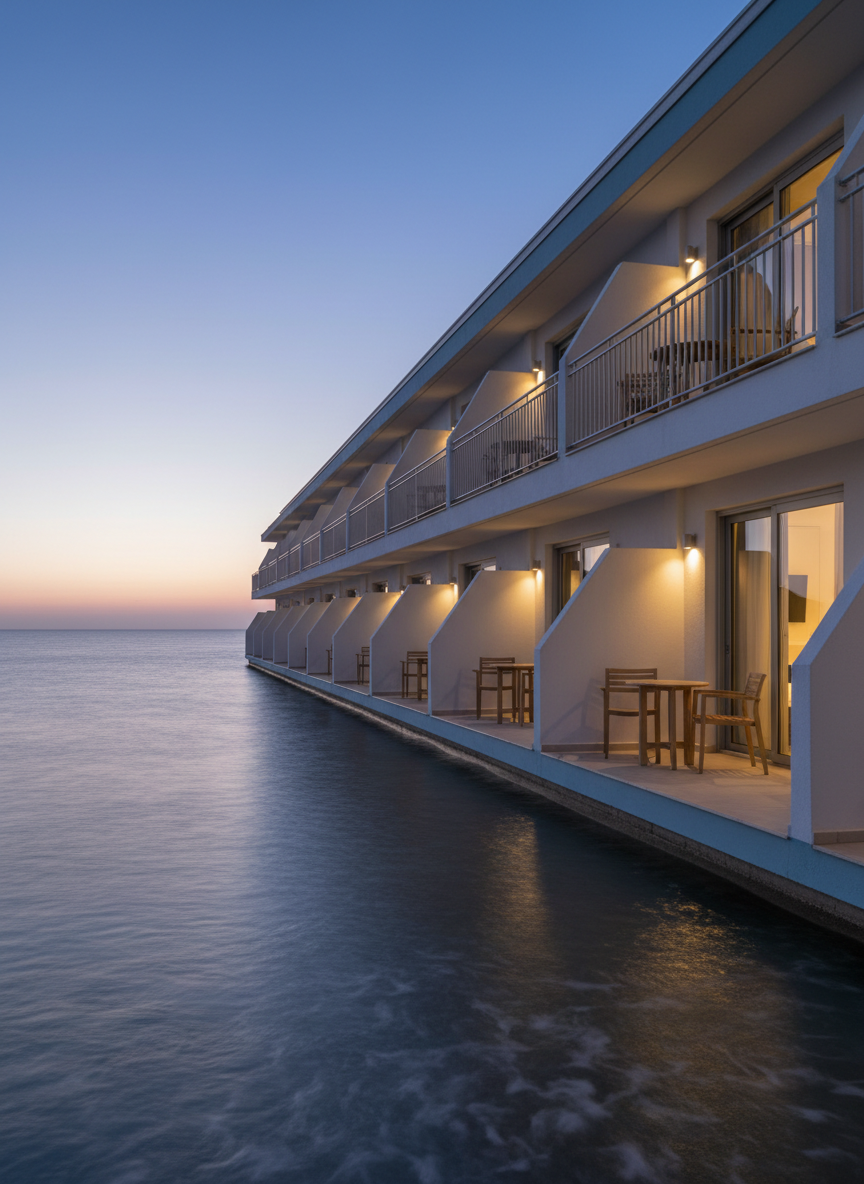 A twilight exterior view from the sea-facing side of a boutique hotel, showing a row of private balconies each with a small wooden table and two simple chairs, all unoccupied. Soft, warm light spills from the interior rooms through glass doors, contrasting with the deepening blue of the sky and the calm, reflective surface of the nearby sea. The building facade is white with muted blue accents, and subtle architectural lighting highlights clean lines and textures. Photographic realism, captured from a slightly low angle to emphasize the building’s structure, with leading lines guiding the eye along the balconies toward the horizon. The mood is tranquil and intimate, suggesting restful evenings by the water, with no humans visible.