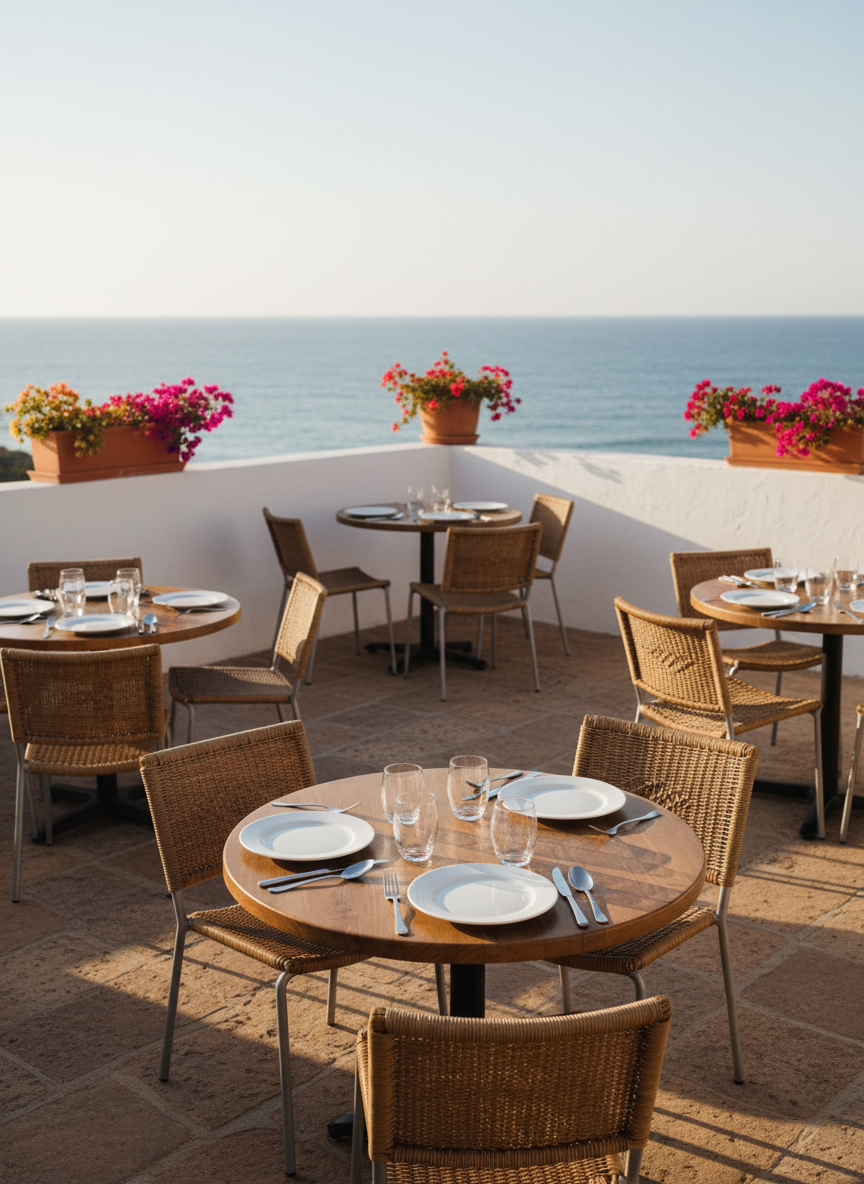 A cozy seaside breakfast terrace of a boutique hotel, featuring small round wooden tables neatly set with plain white plates, clear glasses, and simple stainless steel cutlery. Woven rattan chairs surround each table, and low whitewashed walls frame the space. In the distance, the calm blue sea meets a clear sky. Morning sunlight casts soft, elongated shadows across the stone-tiled floor, with a few potted bougainvillea plants adding vibrant pink accents. Photographic realism, slightly elevated angle using the rule of thirds to place the sea on the upper horizon, crisp focus on the nearest table and gradual softening towards the distance, evoking a peaceful, inviting atmosphere with no people in sight.