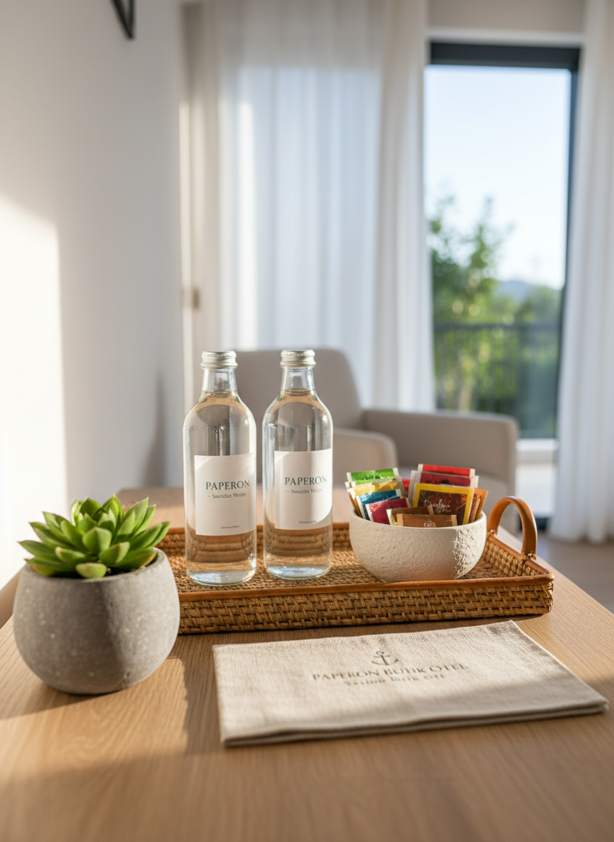 A detailed close-up of a boutique hotel welcome tray placed on a light wood console table near a window, designed for a seaside stay. The tray contains two clear glass bottles of water with simple labels, a small white ceramic bowl filled with individually wrapped herbal teas, and a folded linen information card embossed with the “Paperon Butik Otel” name in subtle silver lettering. Next to the tray sits a small potted succulent in a matte stone pot. Soft, indirect daylight from the side creates gentle highlights and a shallow shadow behind each object. Photographic realism, shallow depth of field with the foreground in sharp focus and the background softly blurred, emphasizing thoughtful details and a refined, comforting atmosphere in a coastal boutique setting, with no people present.
